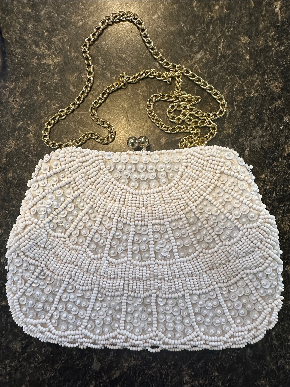 Vintage Walborg White Beaded Evening Clutch with Gold Chain